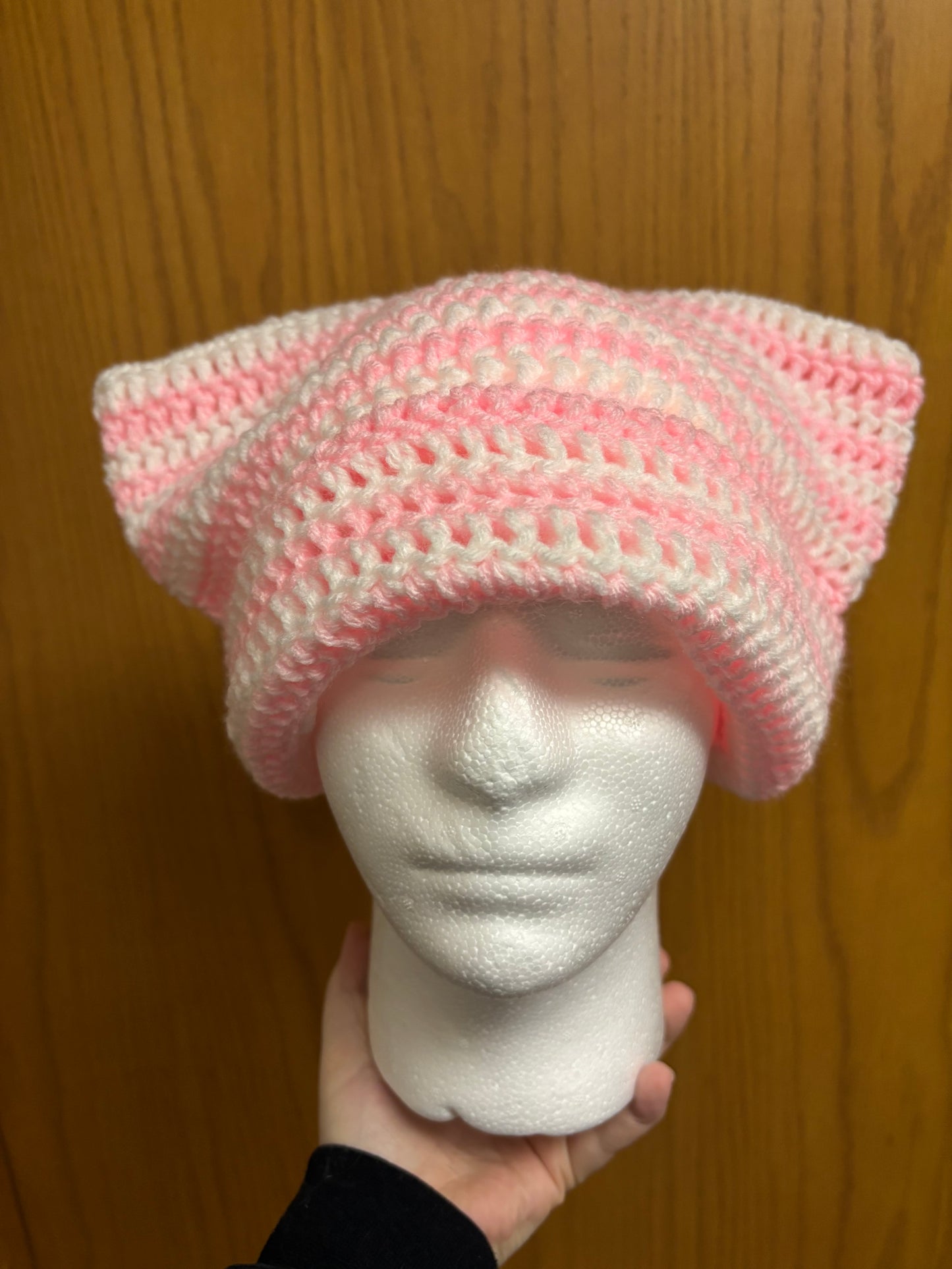 White & Baby Pink Cat Beanie