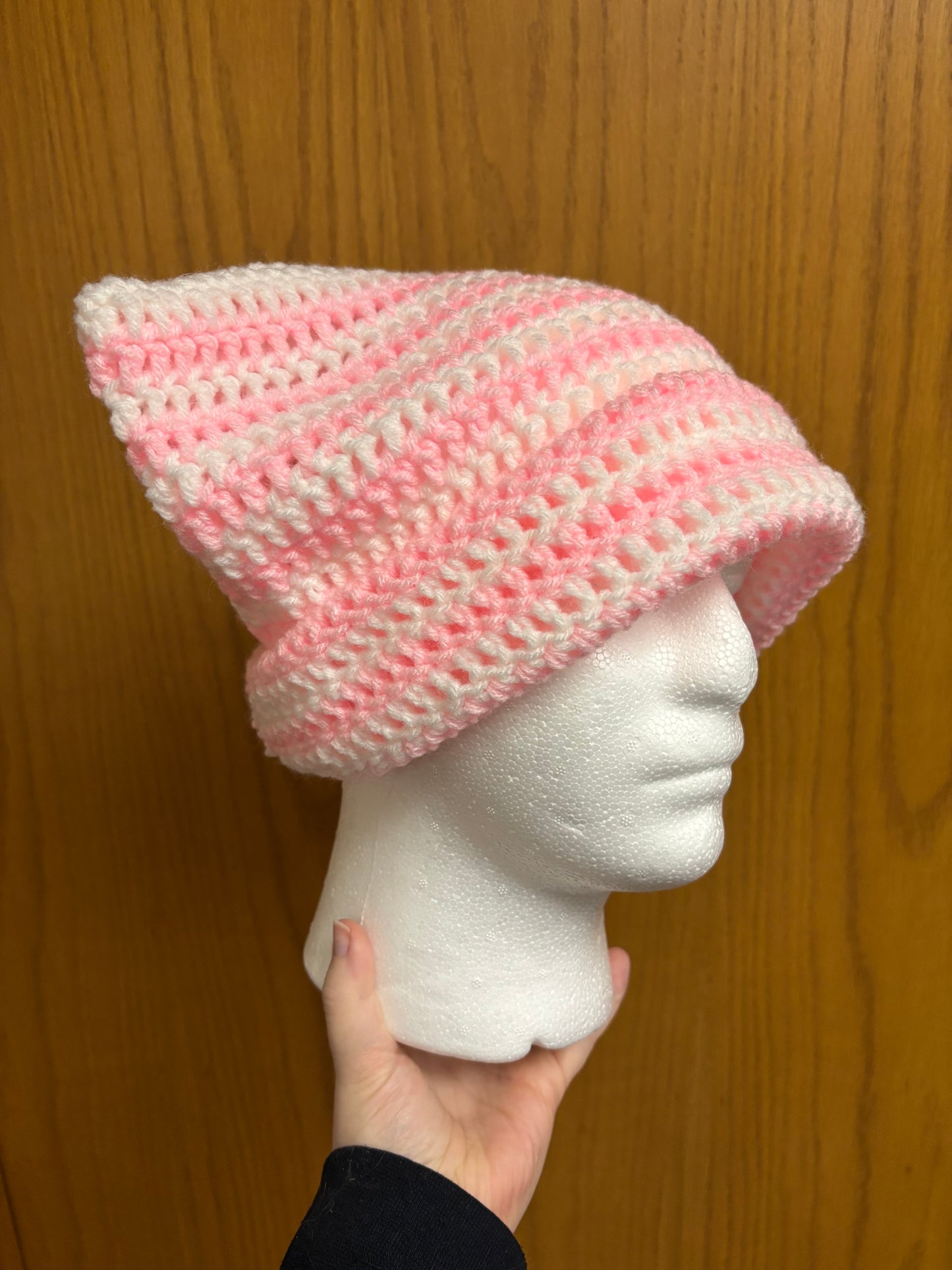White & Baby Pink Cat Beanie